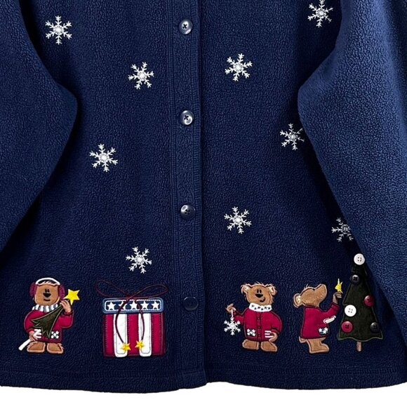 Croft & Barrow Sport Womens M Navy Holiday Fleece Cardigan Embroidery Appliques - Picture 5 of 13